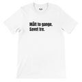 Hvid t-shirt med teksten ”Målt to gange. Savet tre.”